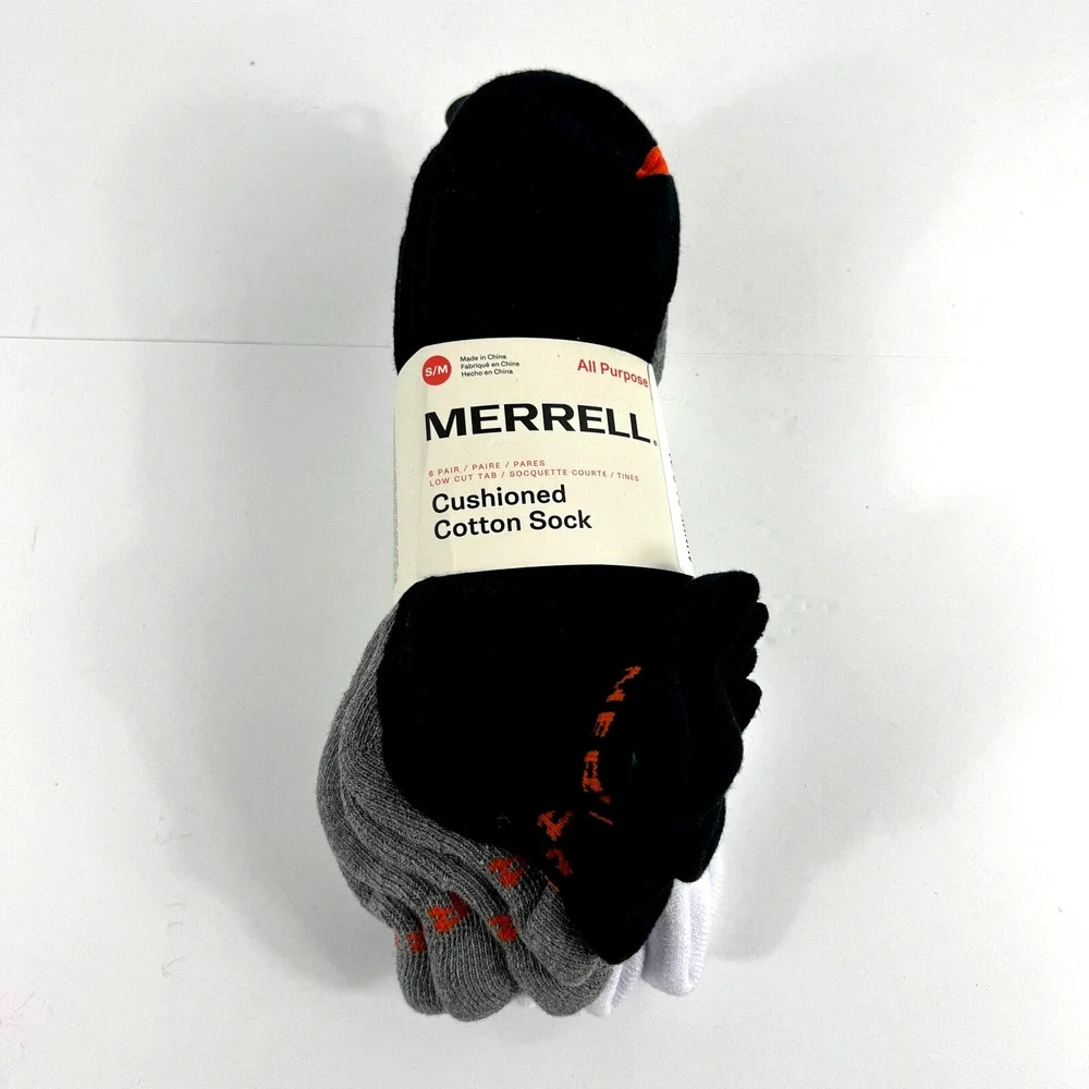 NEW Merrell Men Cushioned Low Cut Tab Socks 6 Pairs Breathable Black Gray White